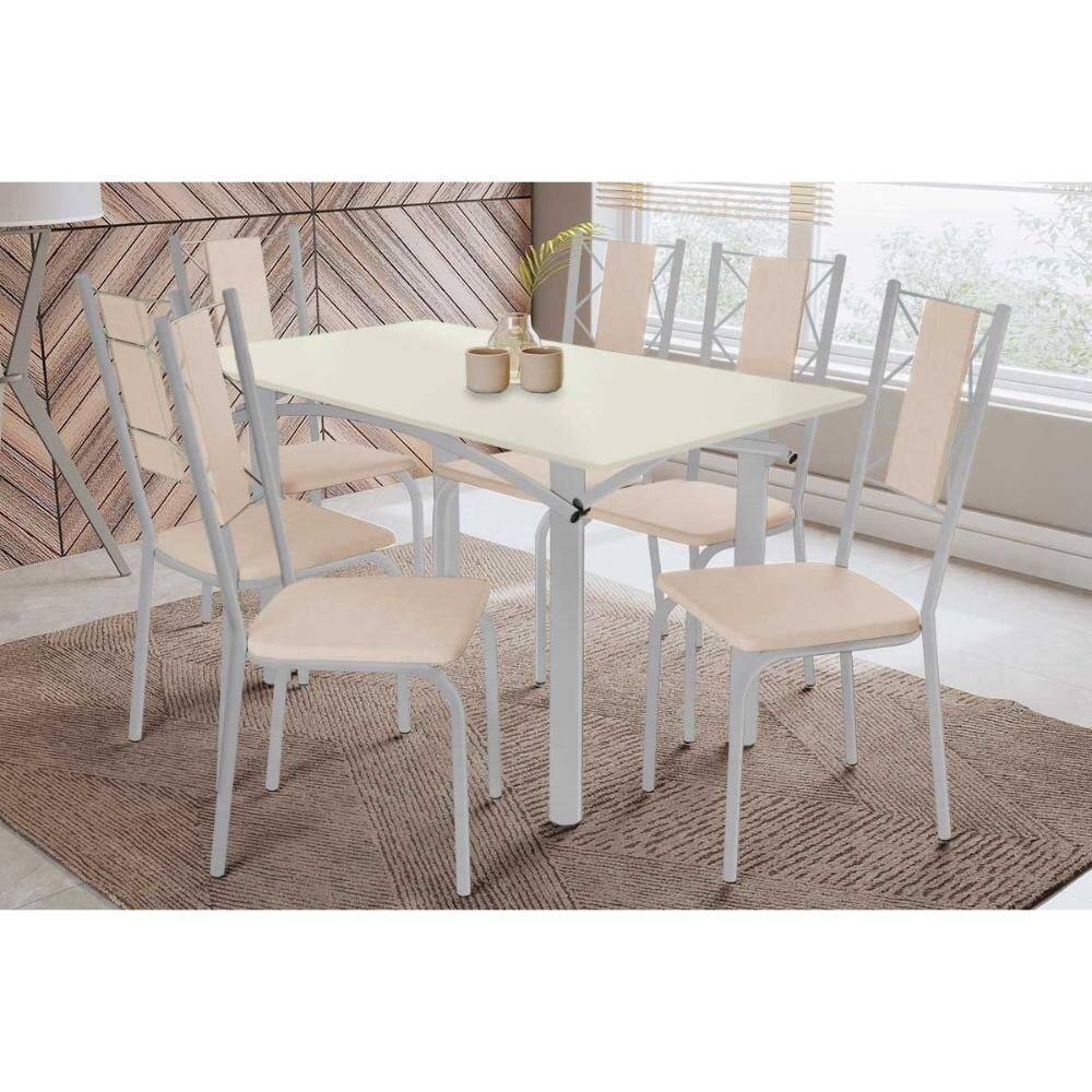 Conjunto: Mesa de Cozinha Elba Tampo Madeirado c/ Vidro 160cm e 6 Cadeiras Lisboa Cromada/Off White - Courano Bege - Kappesberg