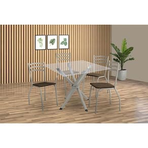 Kit 4 Cadeiras Sala Jantar Volga c/ Tampo de Vidro 90cm e 4 Cadeiras Portugal Niquel - Courano Marrom - Kappesberg