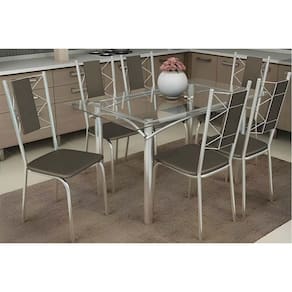 Conjunto: Mesa Sala Jantar Elba c/ Tampo de Vidro 120cm e 6 Cadeiras Lisboa Cromada - Courano Marrom - Kappesberg