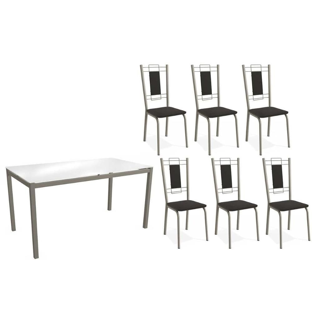 Conjunto: Mesa Sala Jantar Reno c/ Tampo de Vidro 150cm e 4 Cadeiras Florença Niquel - Courano Preto - Kappesberg