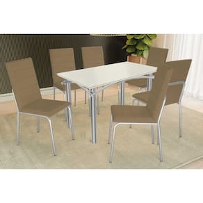 Conjunto: Mesa Sala Jantar Elba Tampo Madeirado c/ Vidro 120cm e 6 Cadeiras Amsterdã Cromada/Off White - Courano Capuccino - Kappesberg