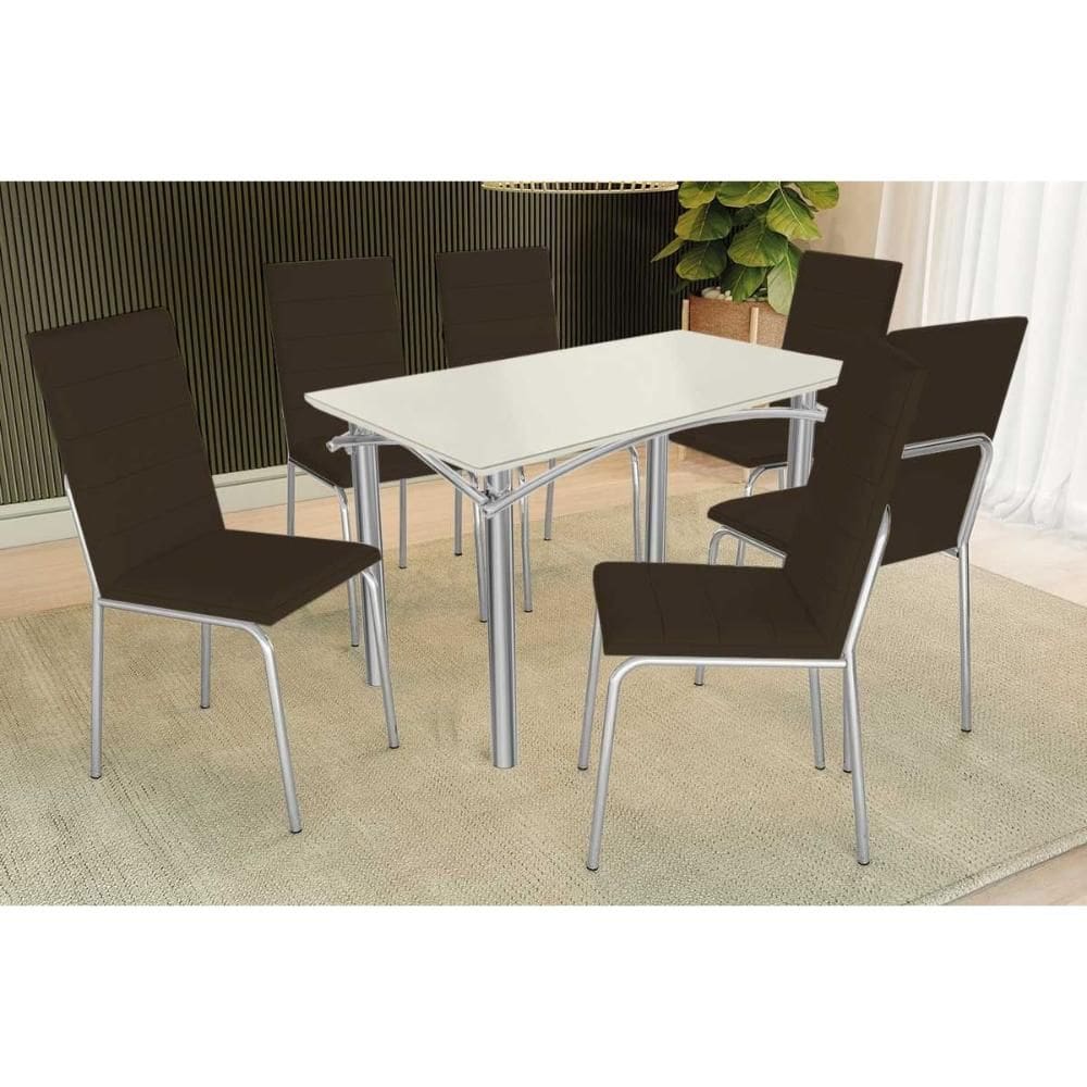 Conjunto: Mesa de Cozinha Elba Tampo Madeirado c/ Vidro 120cm e 6 Cadeiras Amsterdã Cromada/Off White - Courano Marrom - Kappesberg