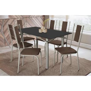 Conjunto: Mesa Sala Jantar Elba Tampo Madeirado c/ Vidro 160cm e 6 Cadeiras Lisboa Niquel/Preto - Courano Marrom - Kappesberg