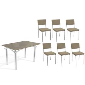 Conjunto: Mesa de Cozinha Elba Tampo Madeirado c/ Vidro 120cm e 6 Cadeiras Zaria Cromada/Freijo Bronze - Boucle Bege - Kappesberg