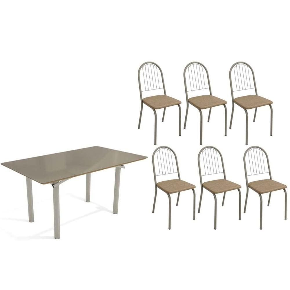 Conjunto: Mesa Sala Jantar Elba Tampo Madeirado c/ Vidro 160cm e 6 Cadeiras Noruega Niquel/Freijo Bronze - Courano Capuccino - Kappesberg