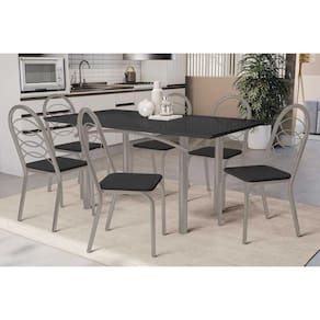 Conjunto: Mesa de Cozinha Elba Tampo Madeirado c/ Vidro 160cm e 6 Cadeiras Holanda Niquel/Preto - Courano Preto - Kappesberg