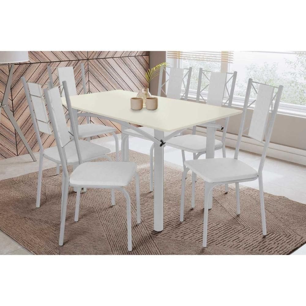 Conjunto: Mesa Sala Jantar Elba Tampo Madeirado c/ Vidro 160cm e 6 Cadeiras Lisboa Cromada/Off White - Courano Branco - Kappesberg