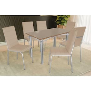 Conjunto: Mesa de Cozinha Elba Tampo Madeirado c/ Vidro 120cm e 6 Cadeiras Amsterdã Cromada/Freijo Bronze - Courano Bege - Kappesberg