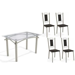 Conjunto: Mesa Sala Jantar Elba c/ Tampo de Vidro 120cm e 4 Cadeiras Florença Niquel - Courano Preto - Kappesberg