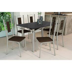 Conjunto: Mesa Sala Jantar Elba Tampo Madeirado c/ Vidro 120cm e 6 Cadeiras Florença Niquel/Preto - Courano Marrom - Kappesberg