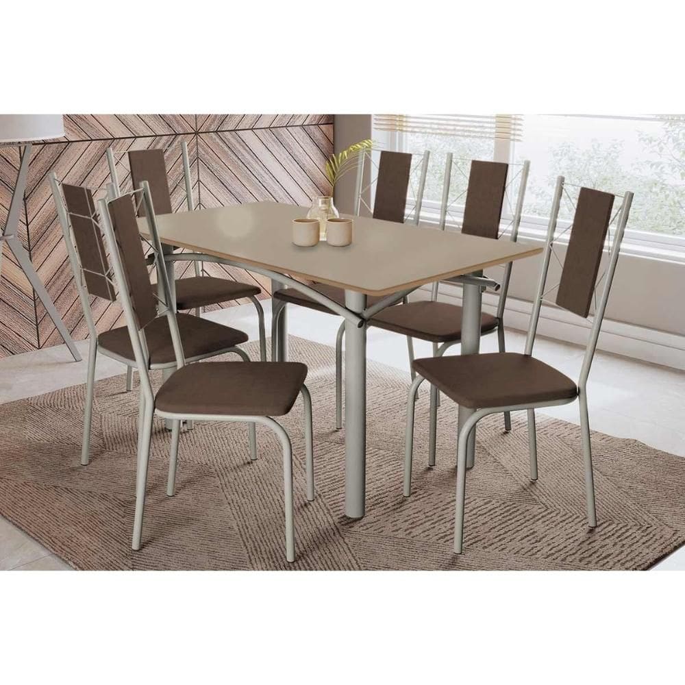 Conjunto: Mesa de Cozinha Elba Tampo Madeirado c/ Vidro 160cm e 6 Cadeiras Lisboa Niquel/Freijo Bronze - Courano Marrom - Kappesberg