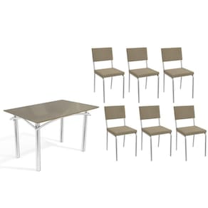 Conjunto: Mesa Sala Jantar Elba Tampo Madeirado c/ Vidro 120cm e 6 Cadeiras Zaria Cromada/Freijo Bronze - Boucle Bege - Kappesberg
