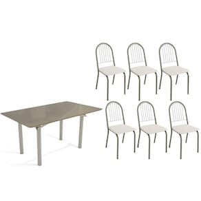 Conjunto: Mesa de Cozinha Elba Tampo Madeirado c/ Vidro 160cm e 6 Cadeiras Noruega Niquel/Freijo Bronze - Courano Branco - Kappesberg