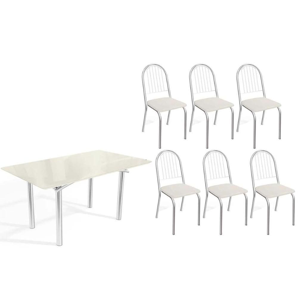 Conjunto: Mesa de Cozinha Elba Tampo Madeirado c/ Vidro 160cm e 6 Cadeiras Noruega Cromada/Off White - Courano Branco - Kappesberg