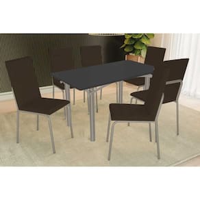 Conjunto: Mesa de Cozinha Elba Tampo Madeirado c/ Vidro 160cm e 6 Cadeiras Amsterdã Niquel/Preto - Courano Marrom - Kappesberg