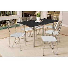 Conjunto: Mesa de Cozinha Elba Tampo Madeirado c/ Vidro 160cm e 6 Cadeiras Nápoles Cromada/Preto - Courano Branco - Kappesberg