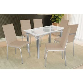 Conjunto: Mesa Sala Jantar Elba c/ Tampo de Vidro 120cm e 6 Cadeiras Amsterdã Cromada - Courano Bege - Kappesberg