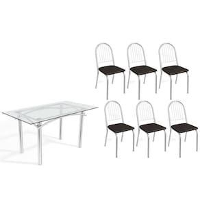 Conjunto: Mesa Sala Jantar Elba c/ Tampo de Vidro 150cm e 6 Cadeiras Noruega Cromada - Courano Preto - Kappesberg