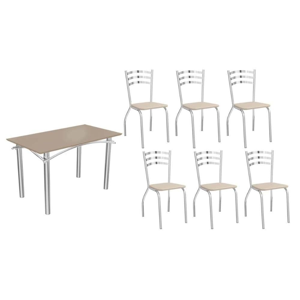 Conjunto: Mesa de Cozinha Elba Tampo Madeirado c/ Vidro 120cm e 6 Cadeiras Portugal Cromada/Freijo Bronze - Courano Bege - Kappesberg