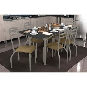 Conjunto: Mesa de Cozinha Elba Tampo Madeirado c/ Vidro 160cm e 6 Cadeiras Portugal Niquel/Preto - Courano Capuccino - Kappesberg