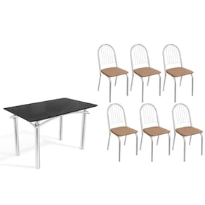 Conjunto: Mesa Sala Jantar Elba Tampo Madeirado c/ Vidro 120cm e 6 Cadeiras Noruega Cromada/Preto - Courano Capuccino - Kappesberg