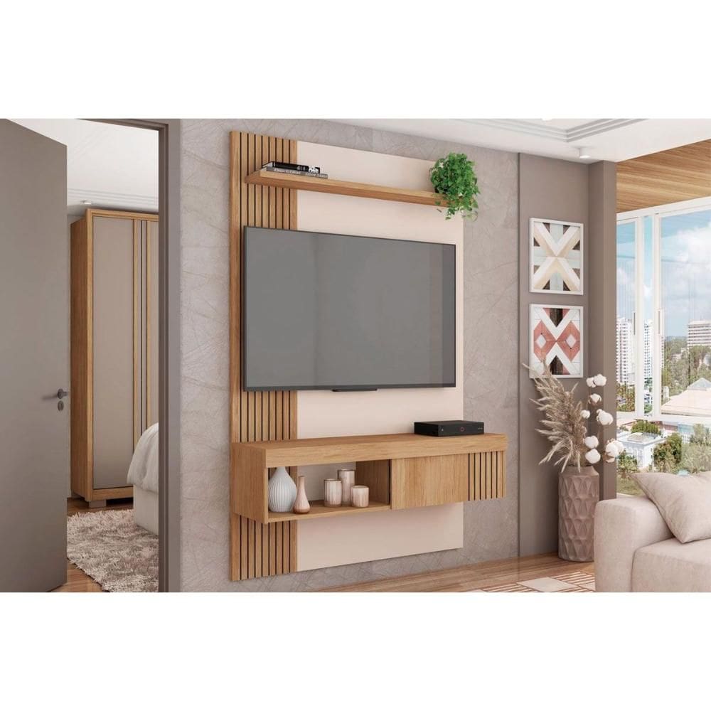 Painel Quarto p/ TV até 45 Pol Jade Ripada 120x183cm Freijo/Off White - Caemmun