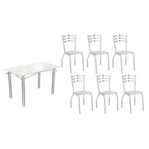 Conjunto: Mesa de Cozinha Elba Tampo Madeirado c/ Vidro 120cm e 6 Cadeiras Portugal Cromada/Off White - Courano Branco - Kappesberg