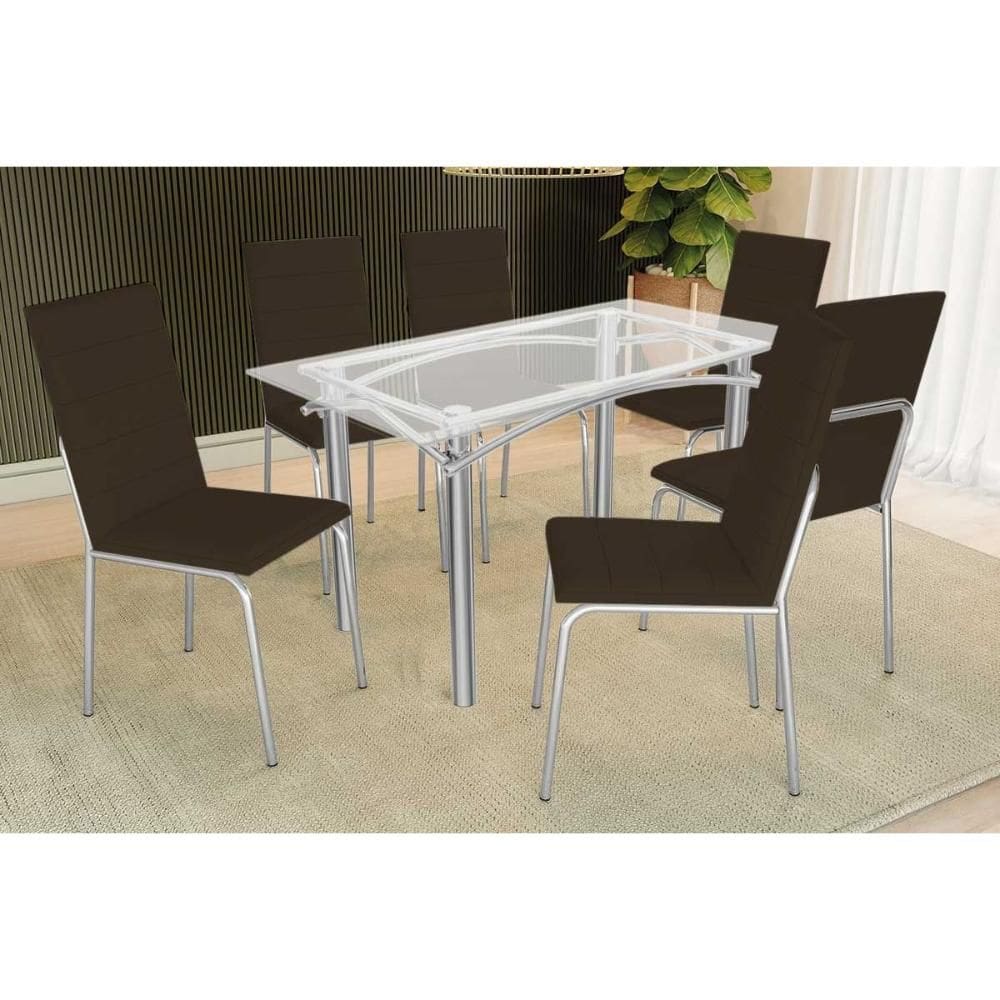 Conjunto: Mesa Sala Jantar Elba c/ Tampo de Vidro 140cm e 6 Cadeiras Amsterdã Cromada - Courano Marrom - Kappesberg
