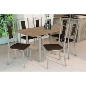 Conjunto: Mesa de Cozinha Elba c/ Tampo de Madeira 160cm e 6 Cadeiras Florença Niquel/Nogueira - Courano Marrom - Kappesberg