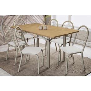Conjunto: Mesa de Cozinha Elba c/ Tampo de Madeira 160cm e 6 Cadeiras Noruega Niquel/Nogueira - Courano Branco - Kappesberg
