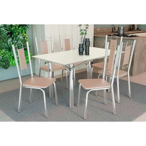 Conjunto: Mesa de Cozinha Elba Tampo Madeirado c/ Vidro 160cm e 6 Cadeiras Florença Cromada/Off White - Courano Bege - Kappesberg