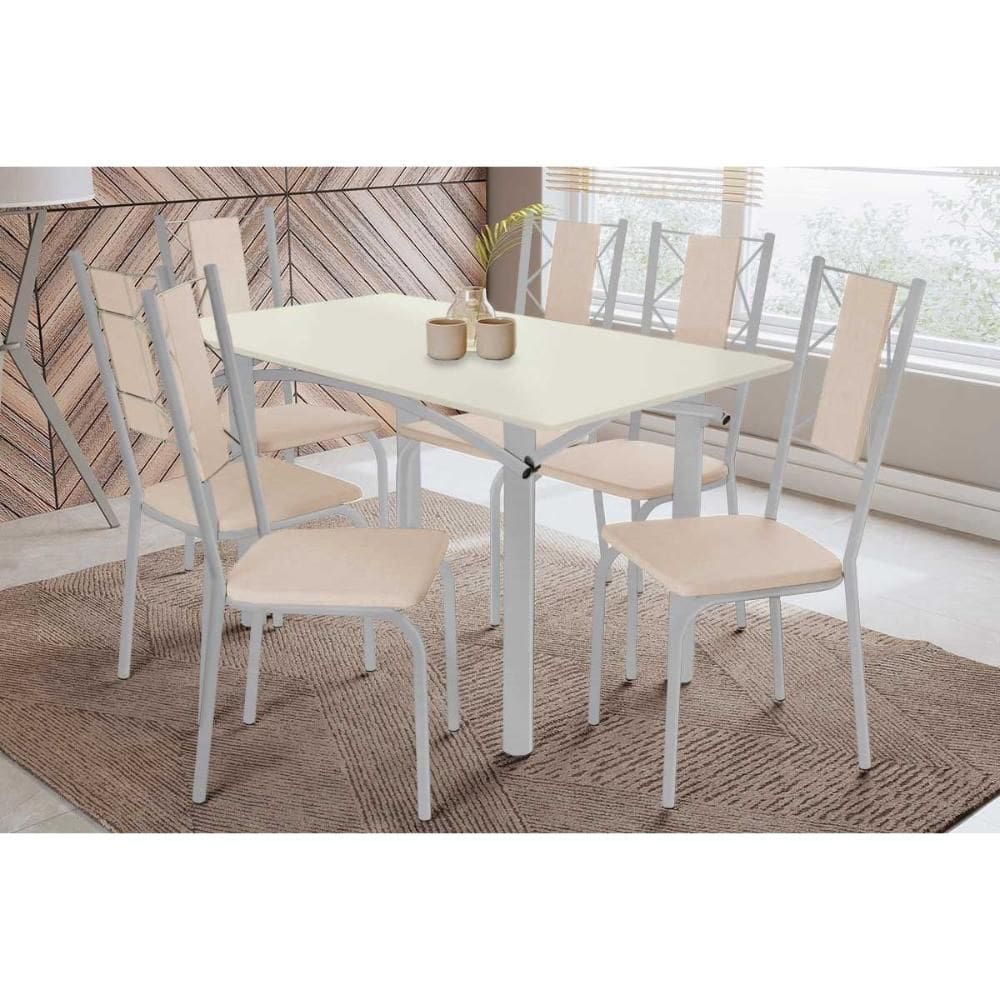 Conjunto: Mesa Sala Jantar Elba Tampo Madeirado c/ Vidro 160cm e 6 Cadeiras Lisboa Cromada/Off White - Courano Bege - Kappesberg