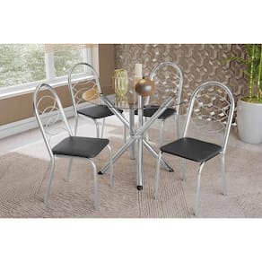 Conjunto: Mesa de Cozinha Volga c/ Tampo de Vidro 95cm e 4 Cadeiras Holanda Cromada - Courano Preto - Kappesberg