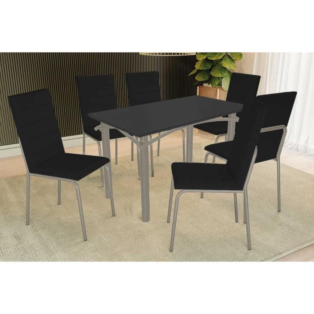 Conjunto: Mesa Sala Jantar Elba Tampo Madeirado c/ Vidro 120cm e 6 Cadeiras Amsterdã Niquel/Preto - Courano Preto - Kappesberg
