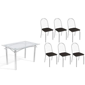 Conjunto: Mesa Sala Jantar Elba c/ Tampo de Vidro 120cm e 6 Cadeiras Noruega Cromada - Courano Preto - Kappesberg