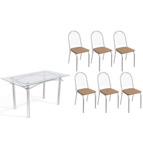 Conjunto: Mesa de Cozinha Elba c/ Tampo de Vidro 140cm e 6 Cadeiras Noruega Cromada - Courano Capuccino - Kappesberg