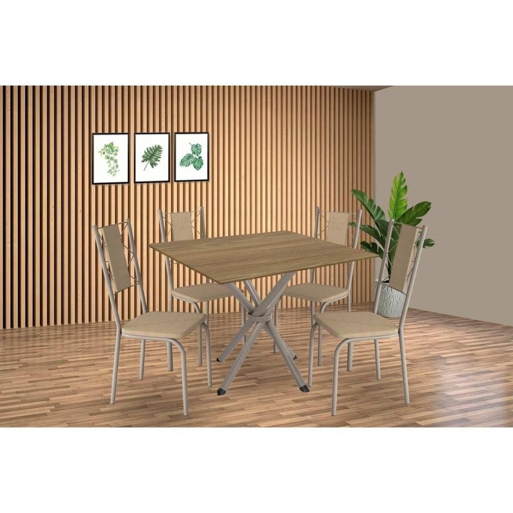 Conjunto: Mesa Sala Jantar Volga c/ Tampo de Madeira 90cm e 4 Cadeiras Lisboa Niquel/Nogueira - Bege - Kappesberg