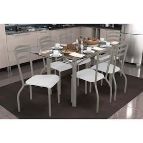 Conjunto: Mesa de Cozinha Elba c/ Tampo de Vidro 150cm e 6 Cadeiras Portugal Niquel - Courano Branco - Kappesberg