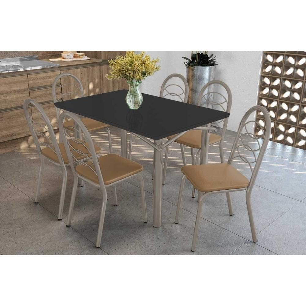 Conjunto: Mesa Sala Jantar Elba Tampo Madeirado c/ Vidro 120cm e 6 Cadeiras Holanda Niquel/Preto - Courano Capuccino - Kappesberg