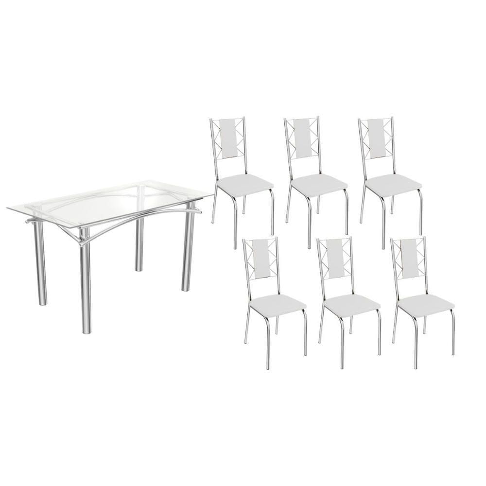 Kit 6 Cadeiras Sala Jantar Elba c/ Tampo de Vidro 150cm e 6 Cadeiras Lisboa Cromada - Courano Branco - Kappesberg