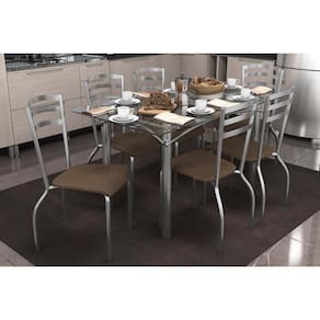 Conjunto: Mesa Sala Jantar Elba c/ Tampo de Vidro 140cm e 6 Cadeiras Portugal Cromada - Courano Marrom - Kappesberg