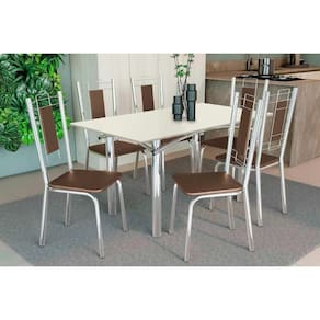 Conjunto: Mesa de Cozinha Elba Tampo Madeirado c/ Vidro 160cm e 6 Cadeiras Florença Cromada/Off White - Courano Marrom - Kappesberg