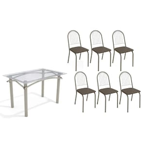 Conjunto: Mesa de Cozinha Elba c/ Tampo de Vidro 120cm e 6 Cadeiras Noruega Niquel - Courano Marrom - Kappesberg