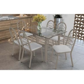 Conjunto: Mesa Sala Jantar Elba c/ Tampo de Vidro 140cm e 6 Cadeiras Holanda Niquel - Courano Branco - Kappesberg