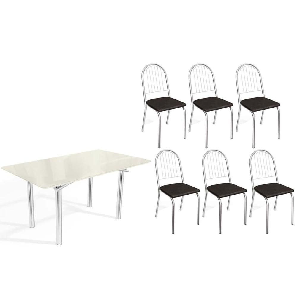 Conjunto: Mesa Sala Jantar Elba Tampo Madeirado c/ Vidro 160cm e 6 Cadeiras Noruega Cromada/Off White - Courano Preto - Kappesberg