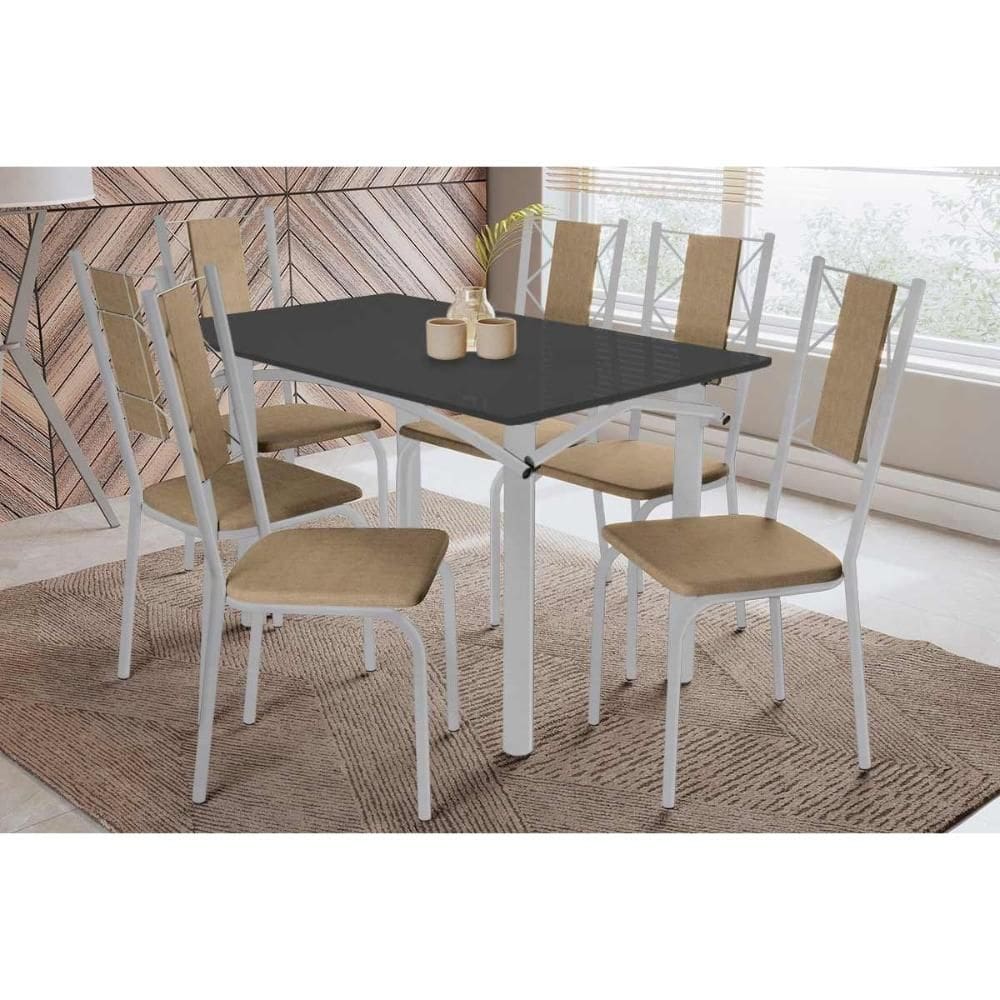 Conjunto: Mesa Sala Jantar Elba Tampo Madeirado c/ Vidro 120cm e 6 Cadeiras Lisboa Cromada/Preto - Courano Capuccino - Kappesberg