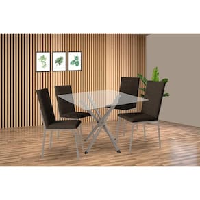 Conjunto: Mesa Sala Jantar Volga c/ Tampo de Vidro 90cm e 4 Cadeiras Amsterdã Niquel - Courano Marrom - Kappesberg
