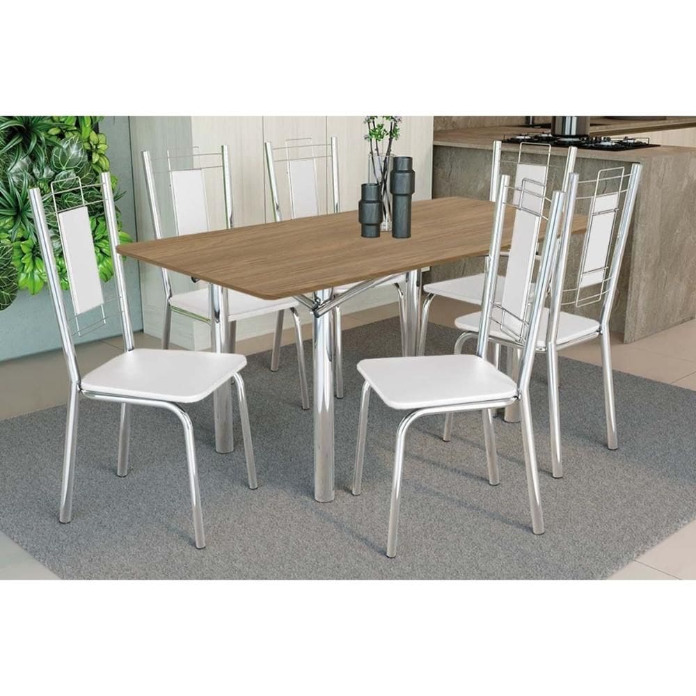 Conjunto: Mesa de Cozinha Elba c/ Tampo de Madeira 160cm e 6 Cadeiras Florença Cromada/Nogueira - Courano Branco - Kappesberg
