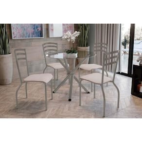 Conjunto: Mesa Sala Jantar Volga c/ Tampo de Vidro 95cm e 4 Cadeiras Portugal Niquel - Courano Bege - Kappesberg