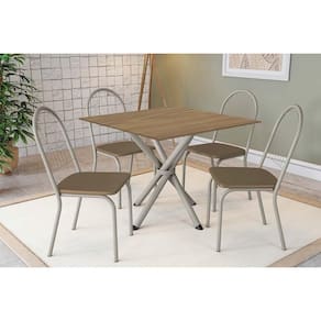 Conjunto: Mesa de Cozinha Volga c/ Tampo de Madeira 90cm e 4 Cadeiras Noruega Niquel/Nogueira - Courano Capuccino - Kappesberg